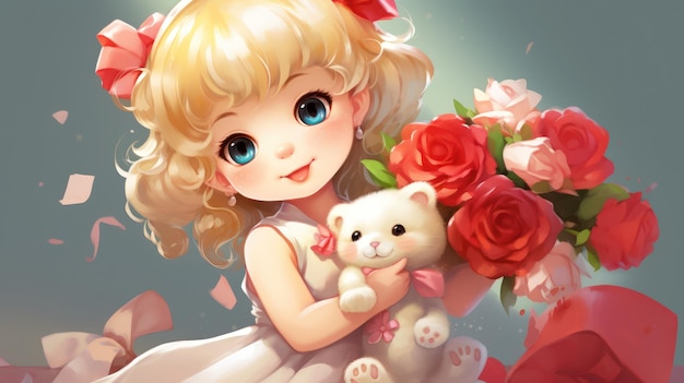 Foto heel schattig klein meisje met pasgeboren witte kat vrolijke en rode en witte jurk anime-stijl