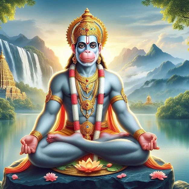 Heer Hanuman mediteert in een vreedzame achtergrond ai gegenereerd