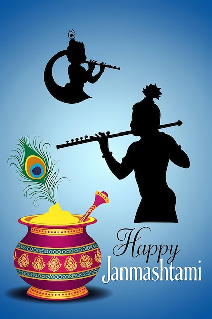 Heer Krishna speelt Bansuri Gelukkige Janmashtami kaart achtergrond