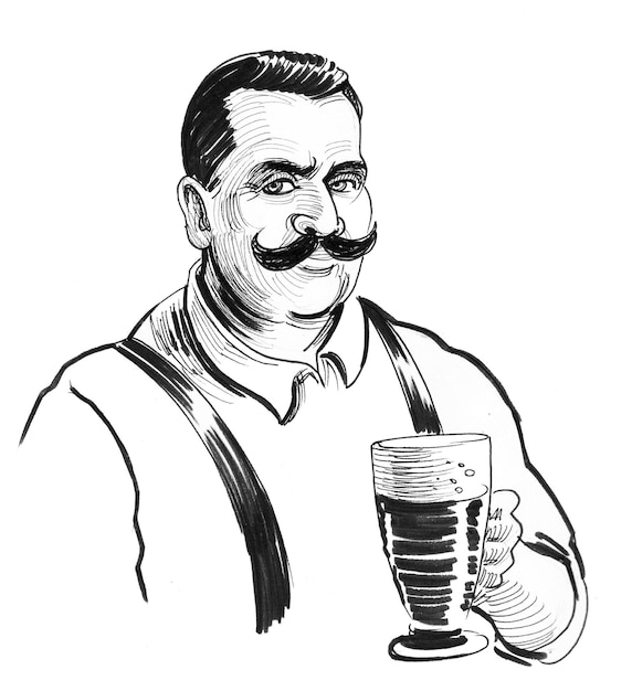 Heer met een glas bier. Inkt zwart-wit tekening