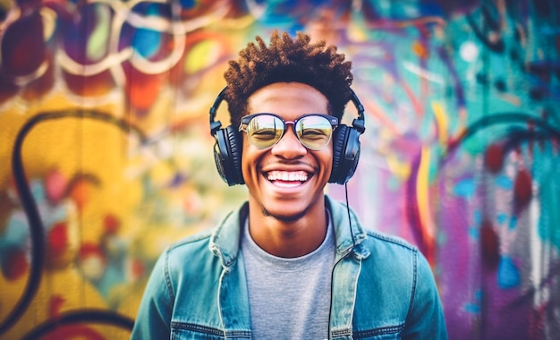 heerful black stylish teen standing over graffiti wall listening to music with headphones