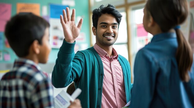 Photo heerful teacher engaging with young students in a classroom raising her hand likely to signal attention