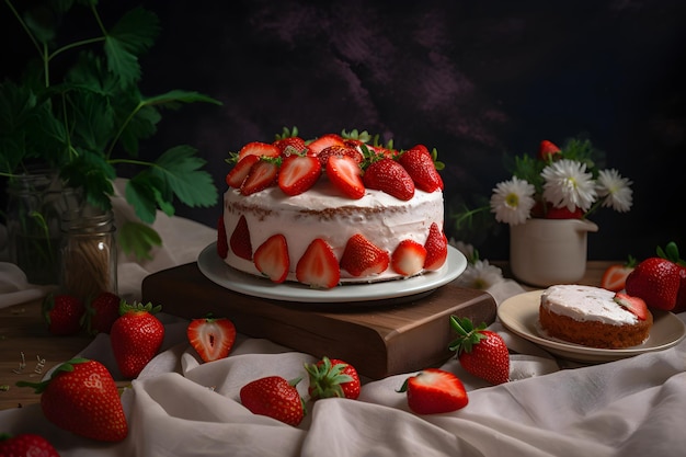Heerlijk aardbeienkoekje taart torte dessert met verse bessen en botercrème op donkere achtergrond Ai gegenereerd