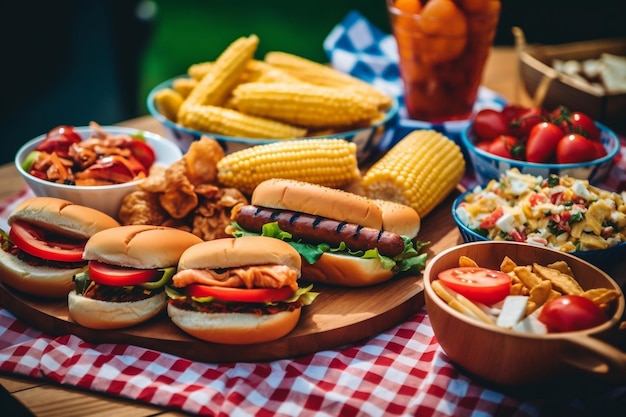 Foto heerlijk assortiment hotdogs, maïs en hamburgers voor een feestelijke 4 juli-viering generative ai