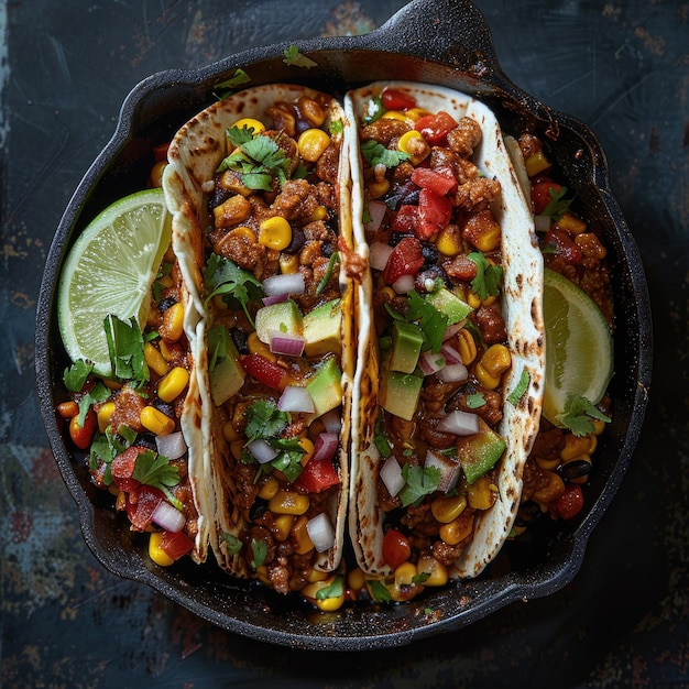 Heerlijk bereide kip fajitas in een gietijzeren pan