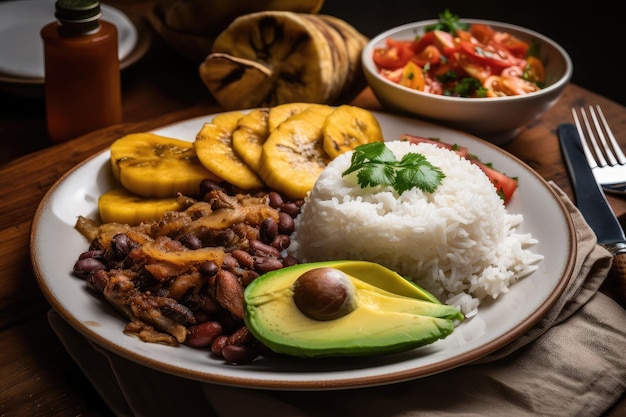 Heerlijk bord colombiaans eten met rijstbonen en bakbananen