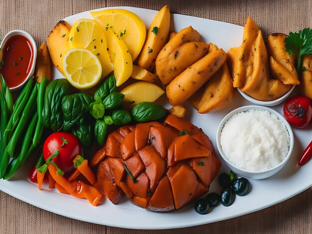 Heerlijk Braziliaans eten, gebakken vlees met saus, plantaardige rijst en friet generatieve AI