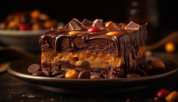 Foto heerlijk chocoladedessert op rustieke houten tafel gegenereerd door ai