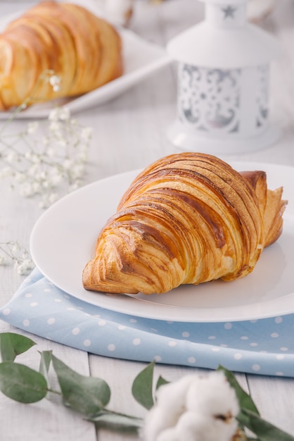 Heerlijk continentaal ontbijt met verse schilferige franse croissants, close-up op de croissants. Met witte katoenen bloemen. Provençaalse rustieke stijl.
