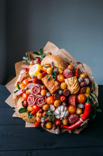 Heerlijk eetbaar boeket worsttomaten kaas cadeau voor de mens