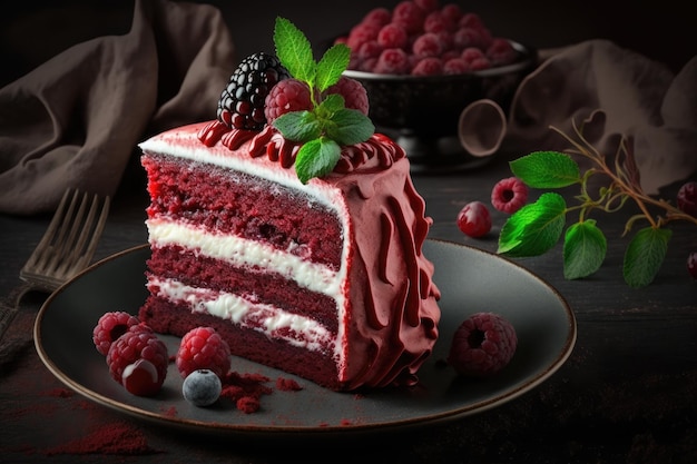 Heerlijk feestelijk dessert met room en bessen in de vorm van een roodfluwelen cake gemaakt met generatief