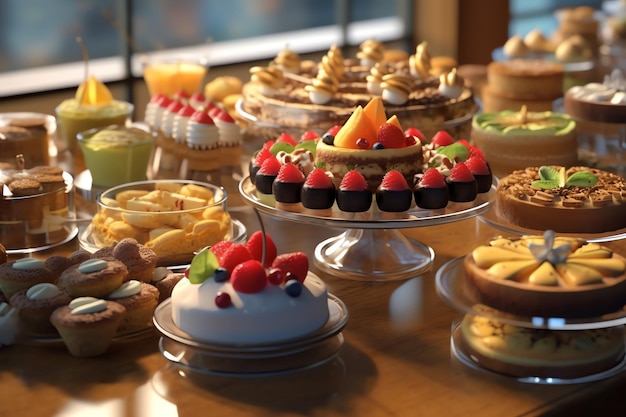 heerlijk gebak cupcakes en taart met bessen op de desserttafel in een charmant café