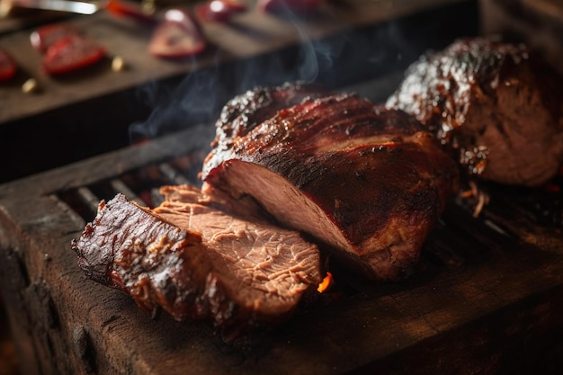 Heerlijk gegrild vlees gesneden op houten plank familie barbecue diner generatieve ai