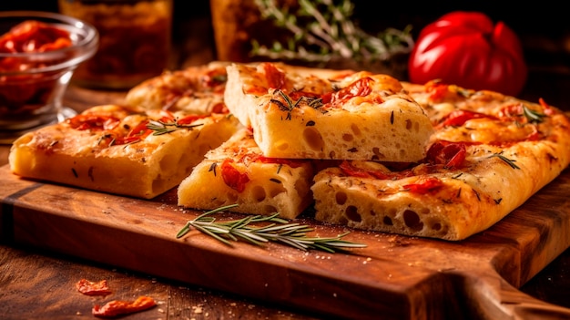 Heerlijk Italiaans focaccia brood op een houten snijplank Generative Ai