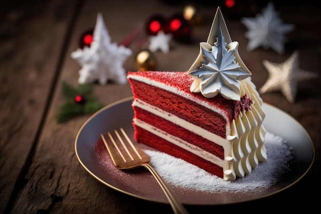 Heerlijk kerstdessert in de vorm van feestelijke roodfluwelen cake gemaakt met generatieve ai