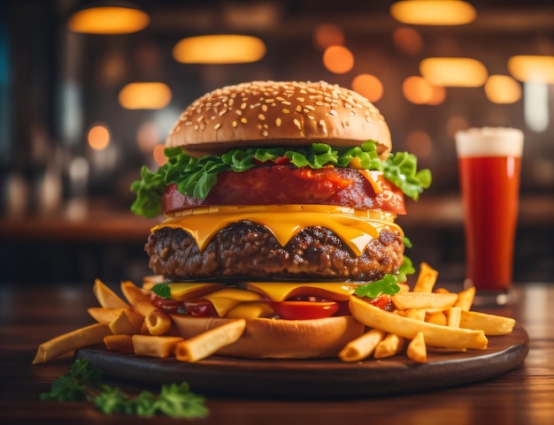 Foto heerlijk lekker frieten brood salade sappig voorgerecht barbecuekaas gegrilde burger cr