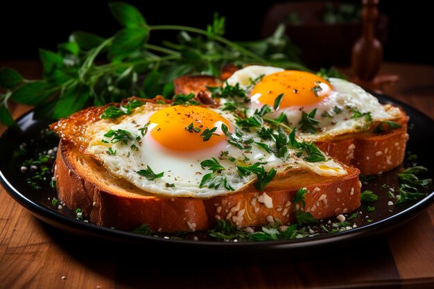 Heerlijk ontbijt met gebakken eieren, brood en toast.