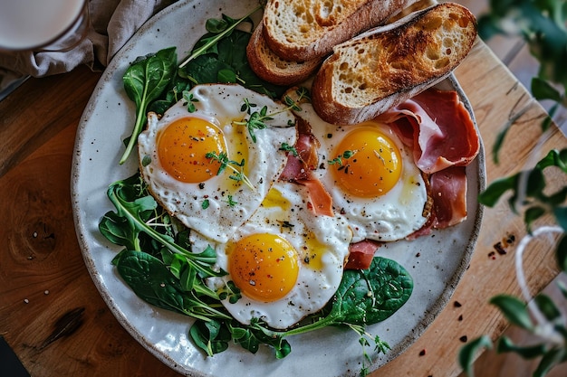 Foto heerlijk ontbijt met gebakken eieren, gekookt vlees en verse groenten.