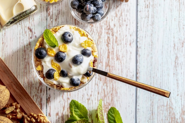 Heerlijk toetje van bosbessen, yoghurt en granen (muesli). Verfrissend en gezond ontbijt met yoghurt, bosbessen, gedroogd fruit