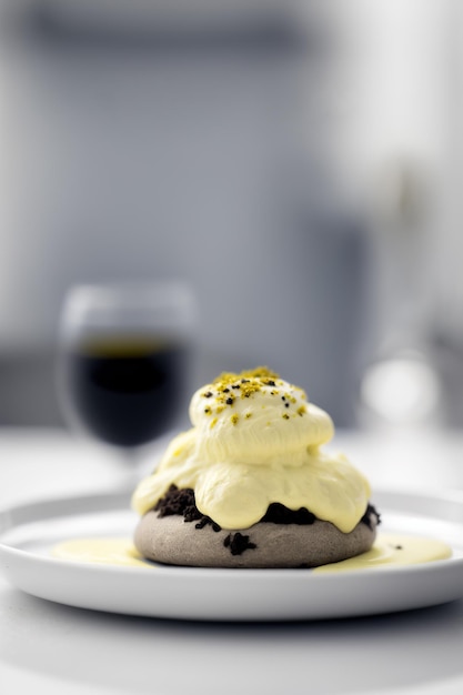 Heerlijk Truffle Benedict-ontbijt op een moderne witte tafel Generatieve AI