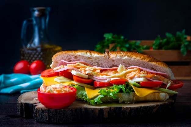 Heerlijk uitziende koude sandwich geserveerd met coleslaw saus.