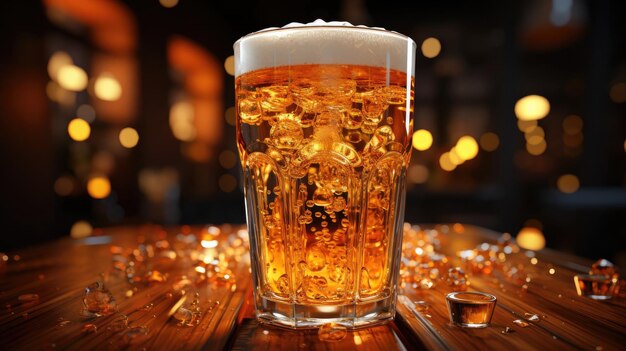Heerlijk verfrissend koud schuimend licht lager bier in een glas op de tafel aan de bar