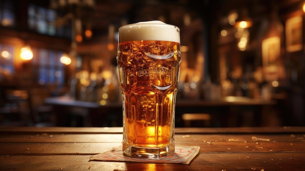 Heerlijk verfrissend koud schuimend licht lager bier in een glas op de tafel aan de bar