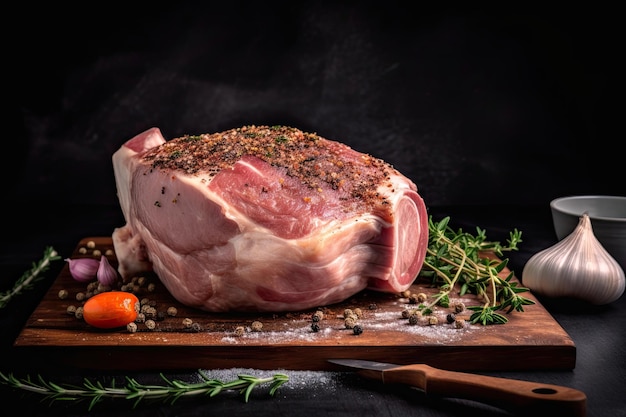 Heerlijk vers Schweinshaxe rauw varkensvlees geïsoleerd met kruiden, knoflook en zout A close-up voedsel