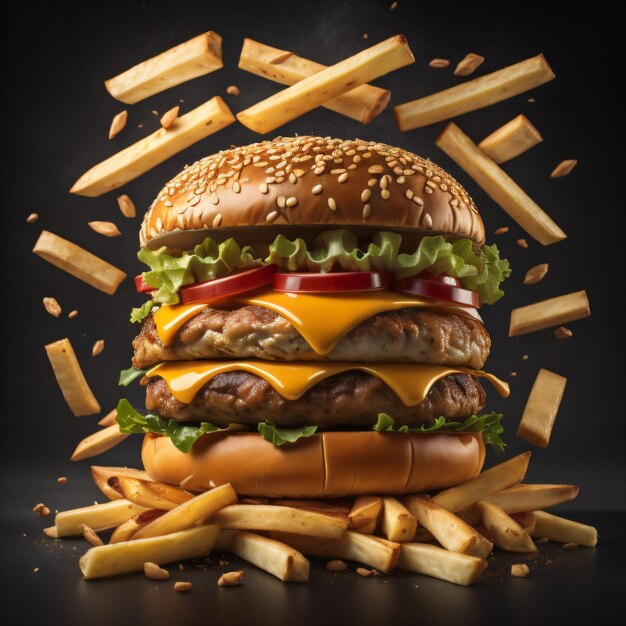 Foto heerlijke 3d hamburger omringd met frietjes donkere achtergrond