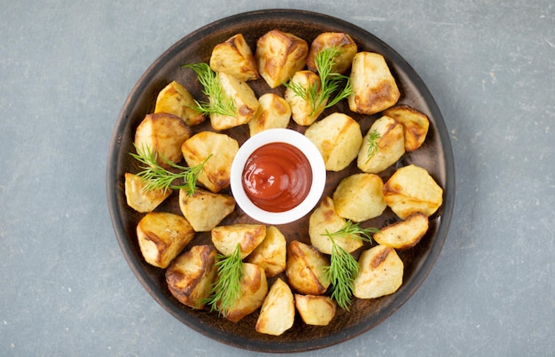 Heerlijke aardappelen in de schil met dille en ketchup op een plaatclose-up