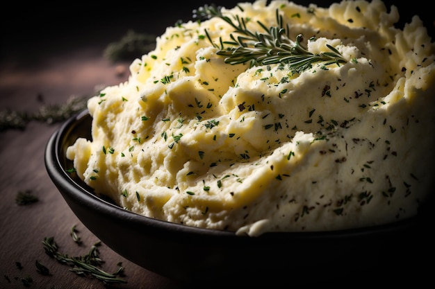 Heerlijke aardappelpuree die romig is en op smaak is gebracht met boter, verse kruiden en gebarsten zwarte peper van bovenaf