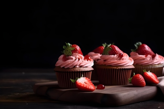 Heerlijke Aardbeien Cupcakes Met Verse Aardbeien Topping Op Een Rustieke Houten Achtergrond