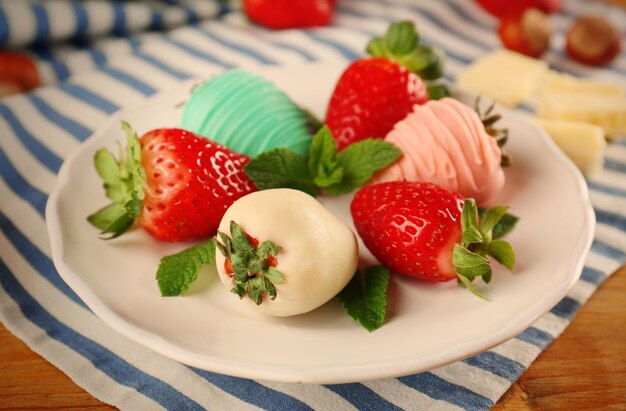 Heerlijke aardbeien met kleurchocolade op bord
