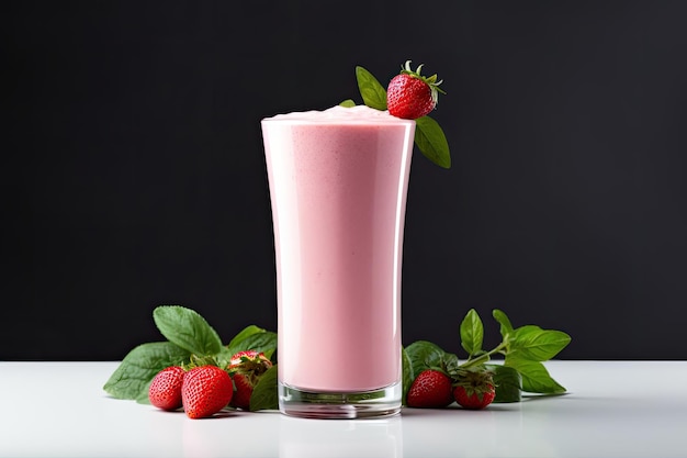 Heerlijke aardbeienmilkshake weergegeven in een glas tegen een effen witte achtergrond