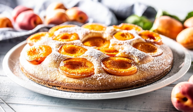 Heerlijke abrikozencake bestrooid met suikerpoeder op tuintafel