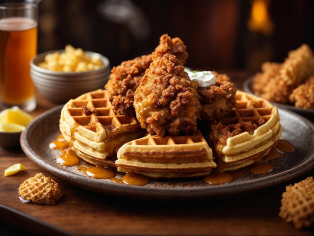 Heerlijke Amerikaanse kip en waffels gouden stukjes gebakken kip zoete siroop met smaak