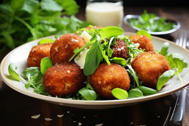 Heerlijke Arancini Uitstekende Italiaanse ballen met smakelijke vullingen en genoeg kopieerruimte