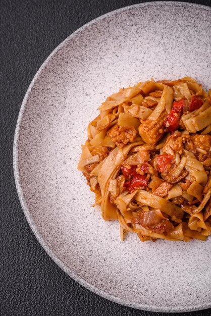 Heerlijke Aziatische udon met groenten, paddenstoelen, zout en specerijen.