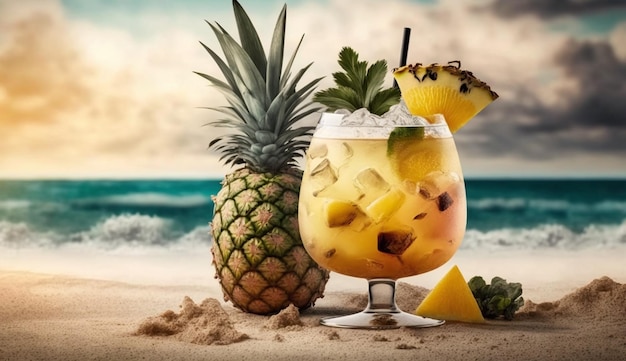 Heerlijke bananencocktail op de achtergrond van verse ananas generatieve AI