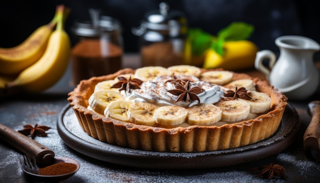 Heerlijke bananencrème pie met vers gesneden bananen op een rustieke houten achtergrond