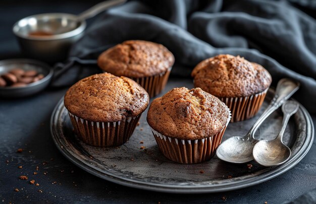 Heerlijke bananenmuffins op een bord met lepels en stof