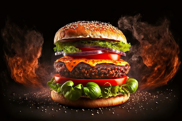 Heerlijke barbecueburger met tomaten op sappige kotelet geïsoleerd op zwarte achtergrond