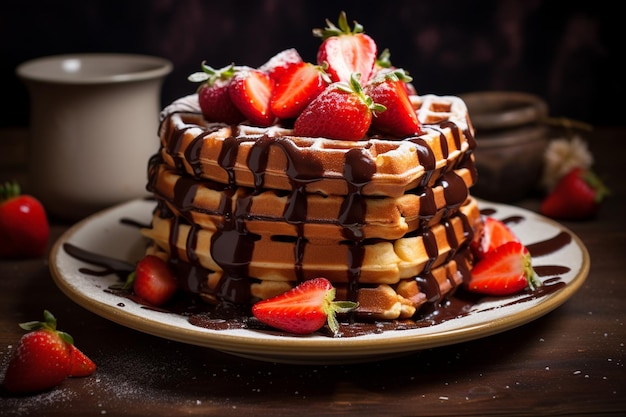 Heerlijke Belgische wafels voor het ontbijt met aardbeien en frambozen en chocolade.