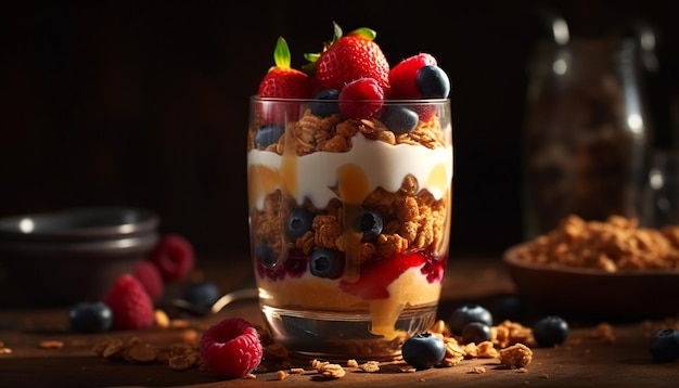 Heerlijke bessenparfait met verse bosbessen, frambozen en granola-topping gegenereerd door AI