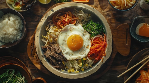 Heerlijke bibimbap in traditionele Koreaanse gerechten Uitzicht van boven