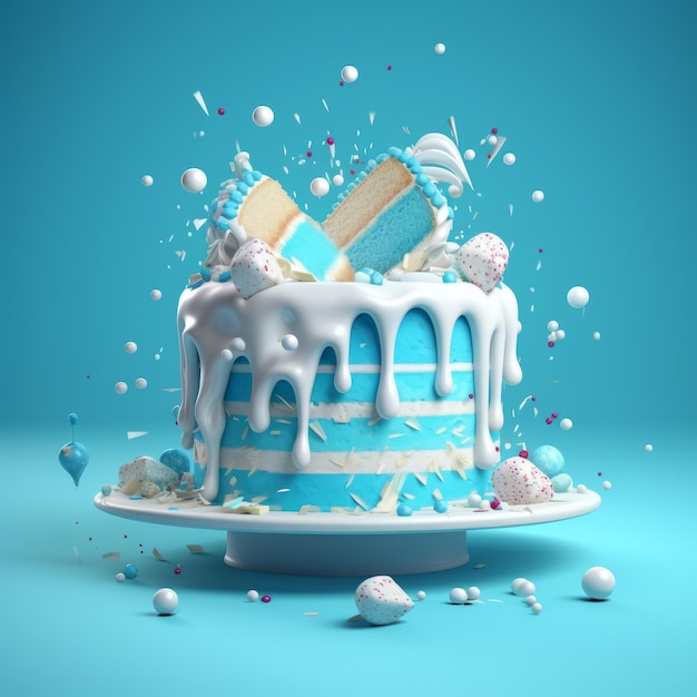 Heerlijke blauwe taart met prachtige 3D-rendering op blauwe achtergrond