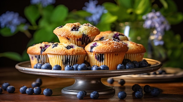 Heerlijke bosbessenmuffins op taartstandaard op het tabblad