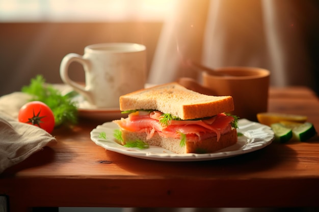 Heerlijke boterham met zalm Heerlijke zelfgemaakte snack Snel ontbijt met vis AI gegenereerd
