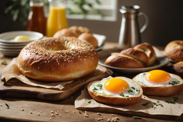 Foto heerlijke broodbagels en eieren op tafel