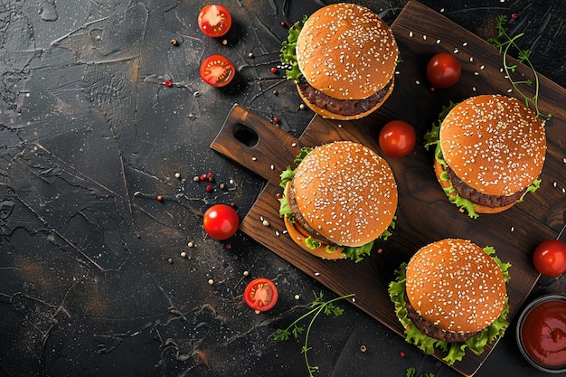 Heerlijke burgers op een houten plank.